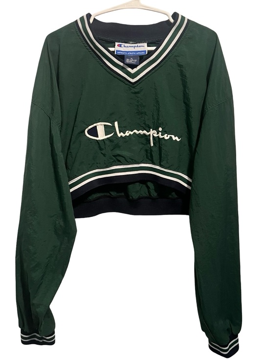 Champion Jackets & Blazers - Vintage Champion Dark Green Cropped V-Neck Nylon Windbreaker White and Navy Trim